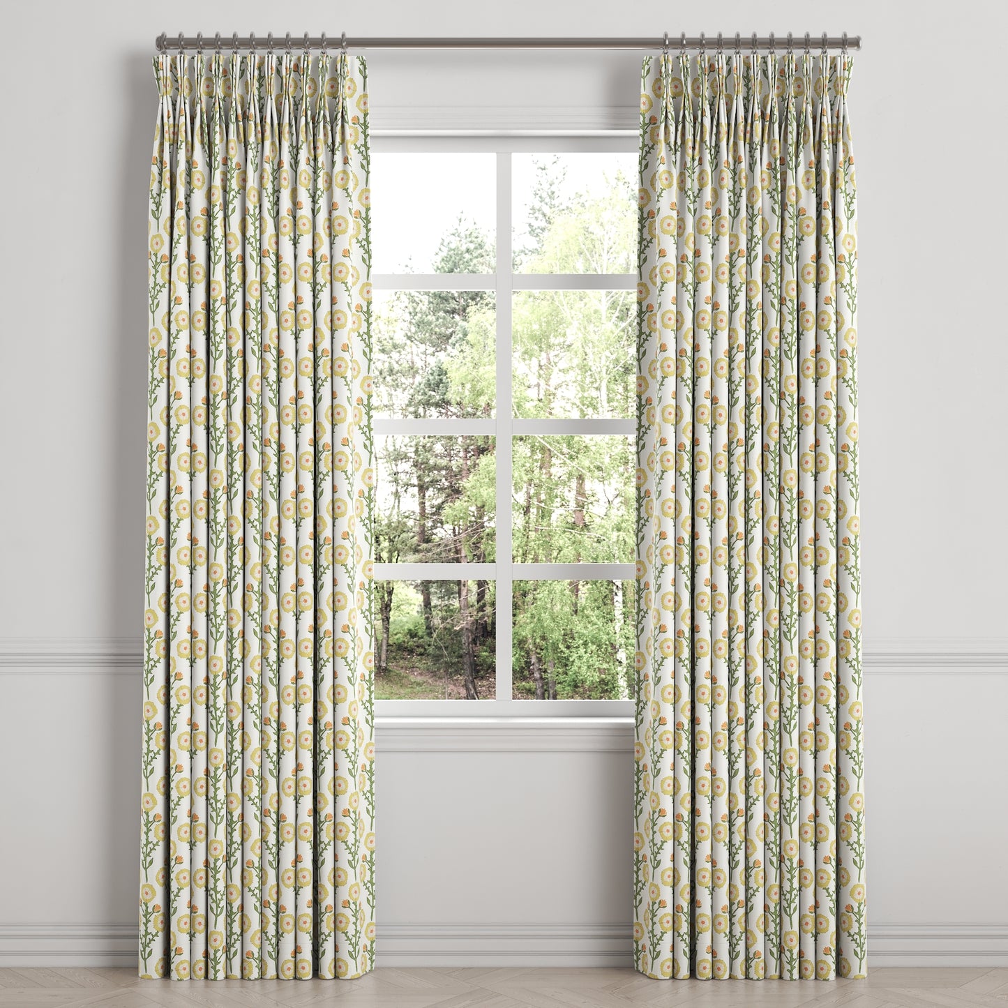 Pinch Pleat Drapery in Cottage Flowers - Sunbeam