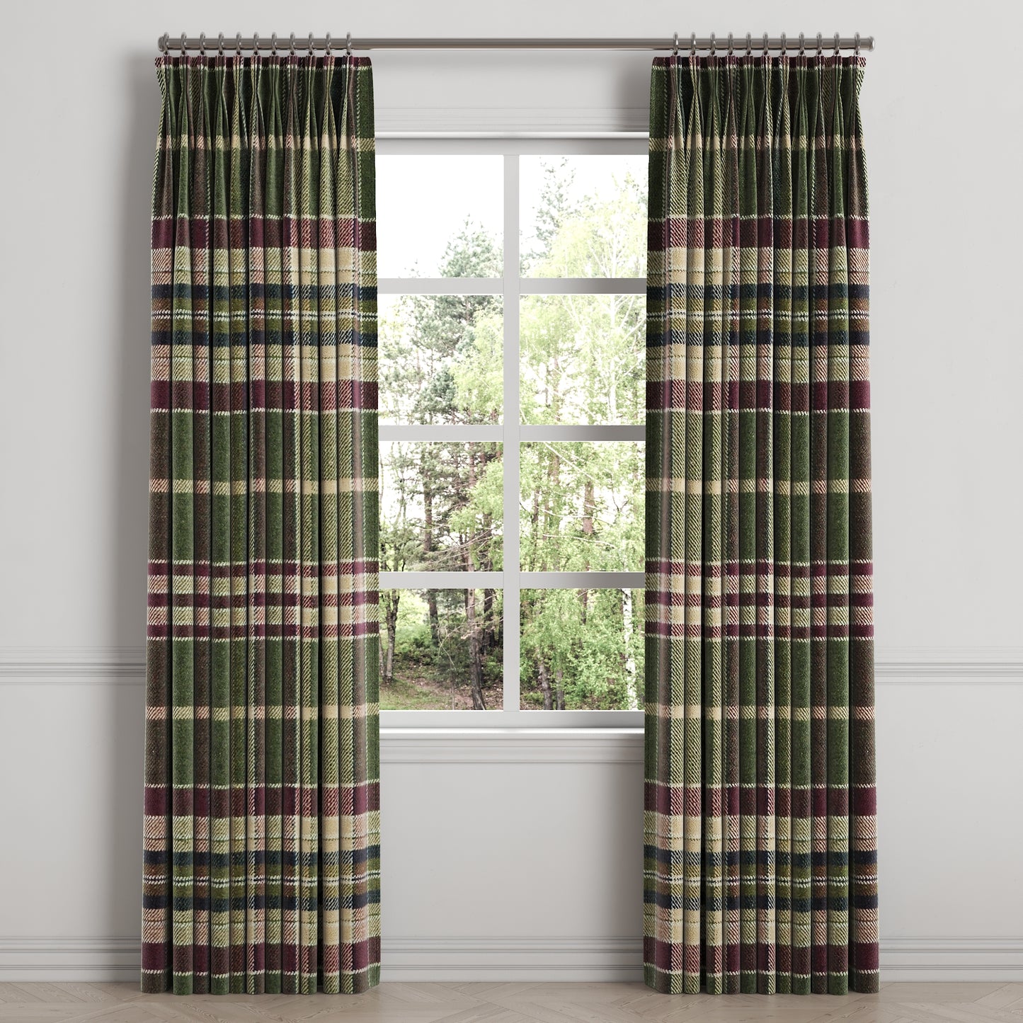 Pinch Pleat Drapery in Tartan - Evergreen