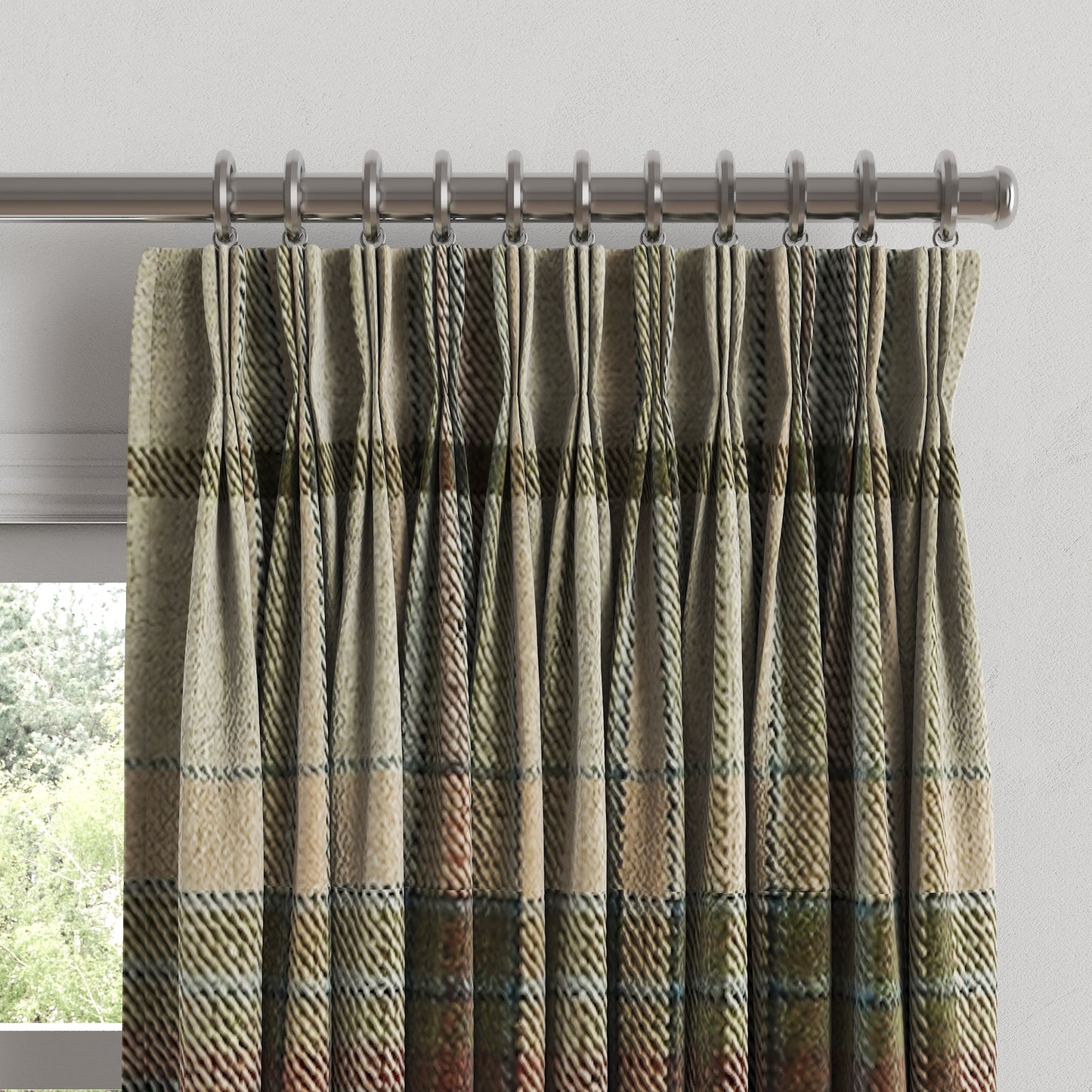 Pinch Pleat Drapery in Tartan - Cappuccino