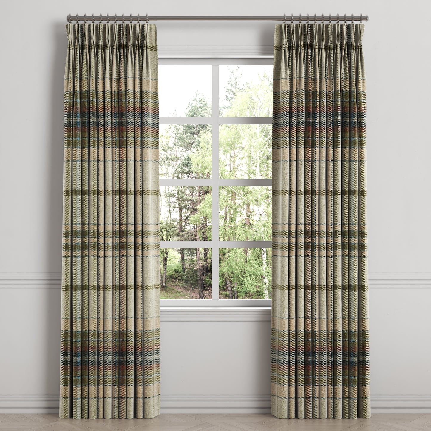 Pinch Pleat Drapery in Tartan - Cappuccino