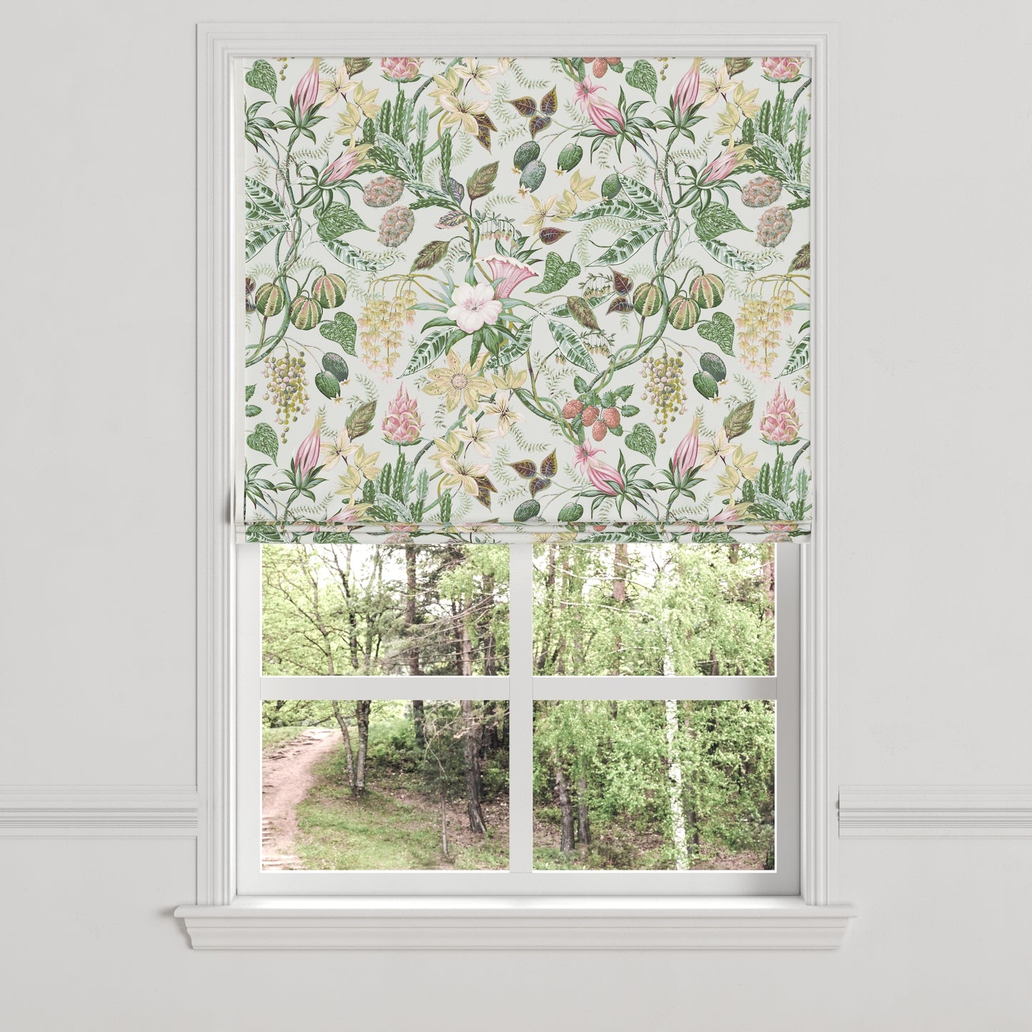 Flat Roman Shade in Botanical - Seamist