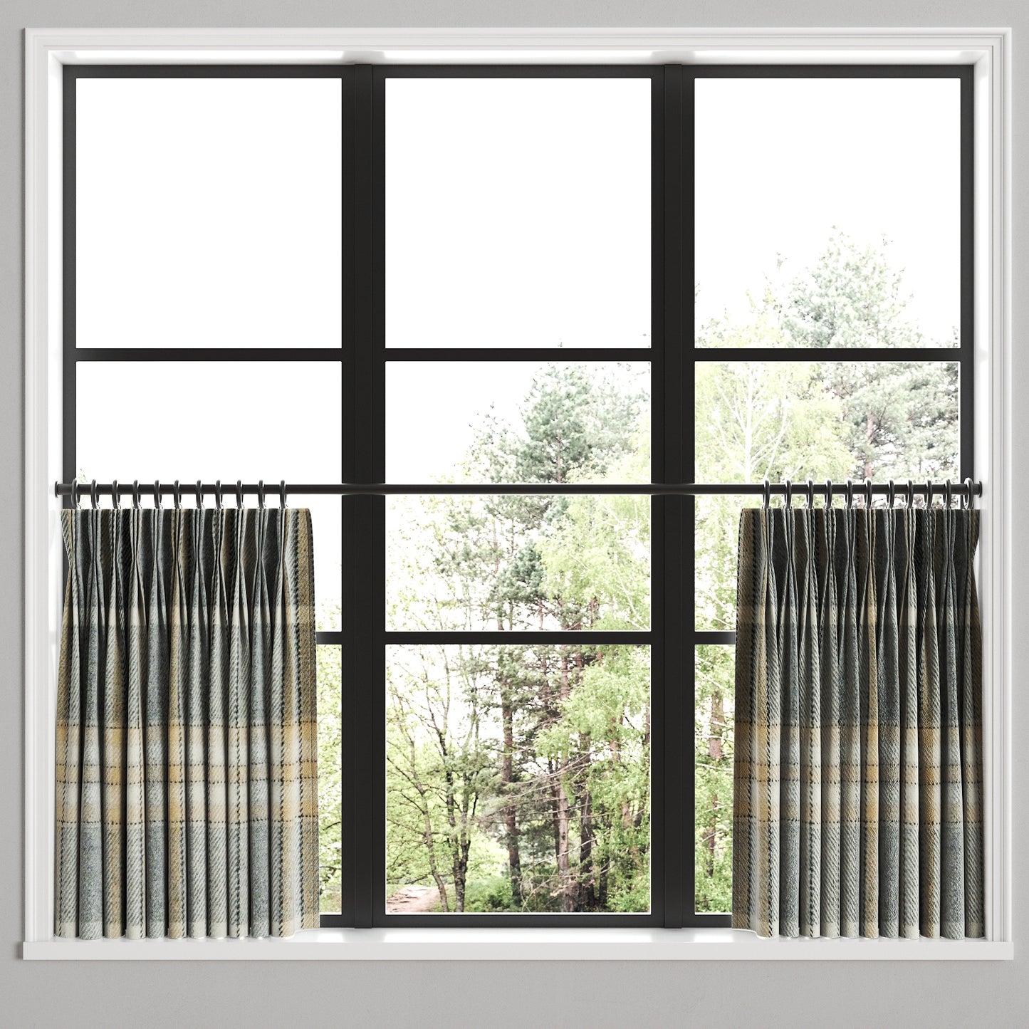 Pinch Pleat Cafe Curtains in Tartan - Thunder