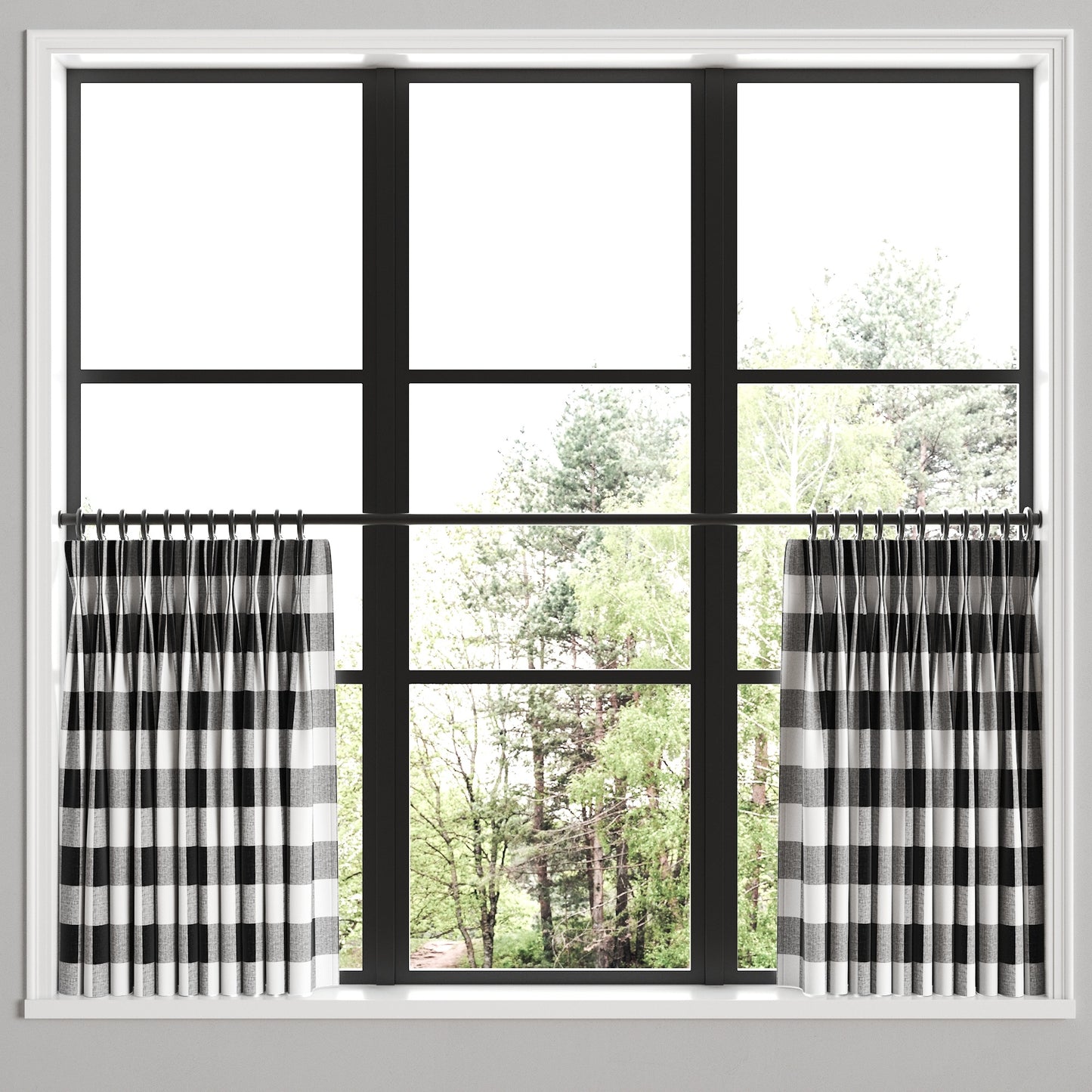 Pinch Pleat Cafe Curtains in Buffalo Check - Black