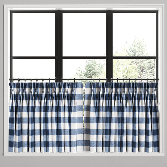 Pinch Pleat Cafe Curtains in Buffalo Check - Navy