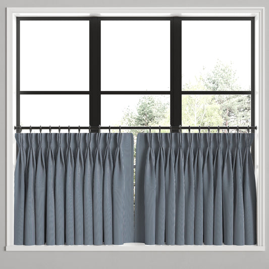 Pinch Pleat Cafe Curtains in Little White Line - Blueberry