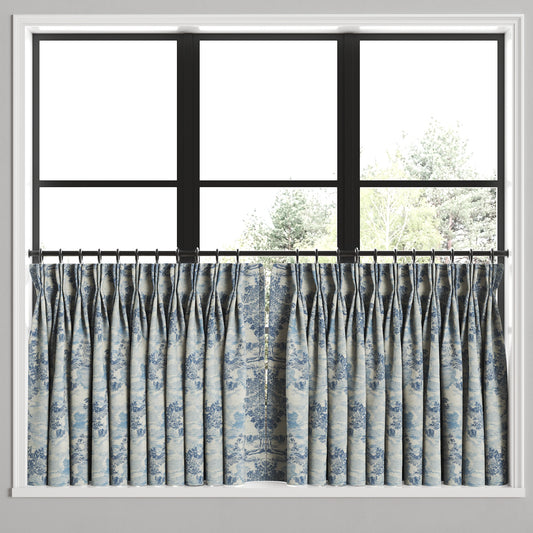 Pinch Pleat Cafe Curtains in Country Toile - Sapphire