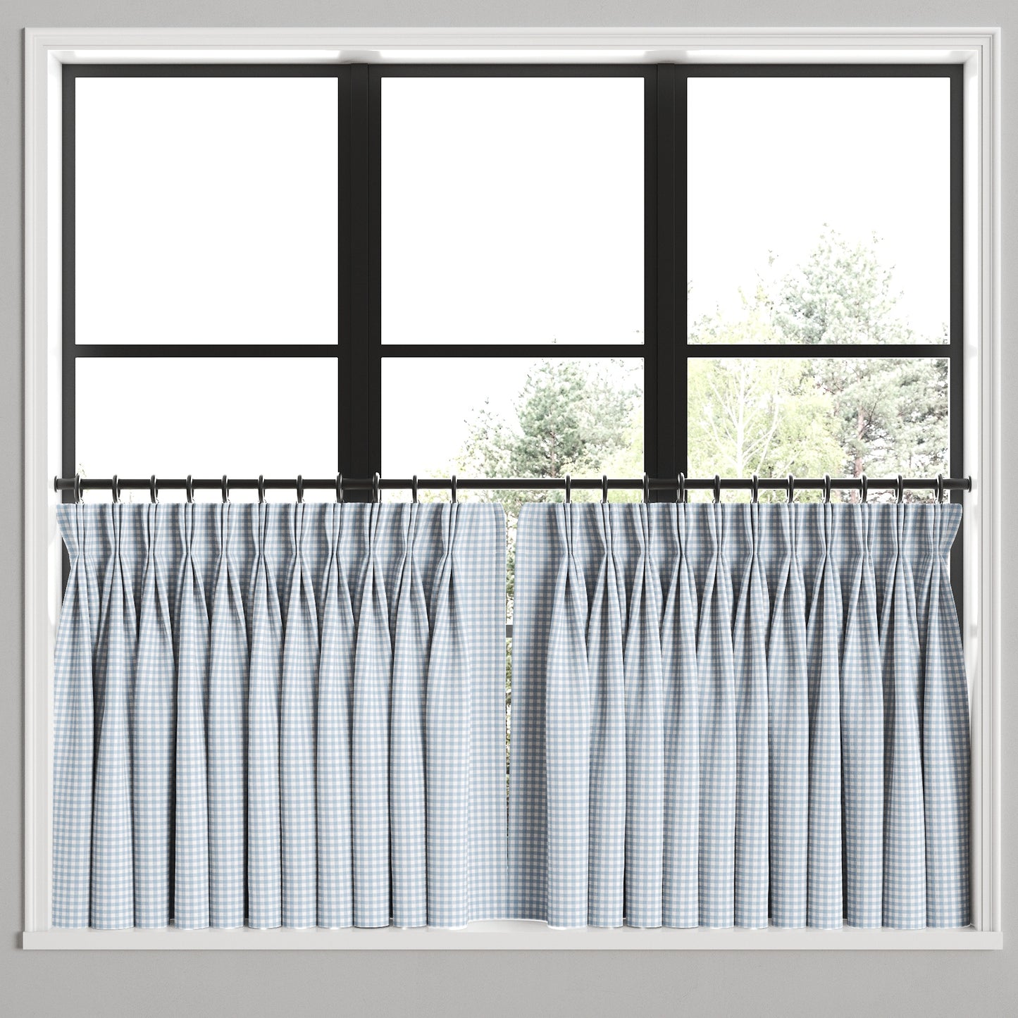 Pinch Pleat Cafe Curtains in Gingham - Blue Jean