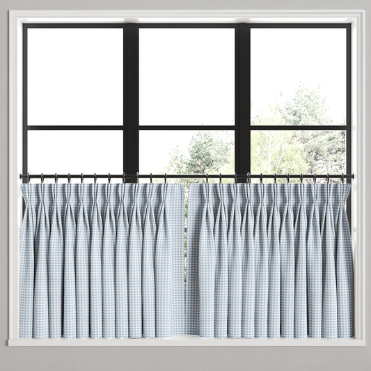 Pinch Pleat Cafe Curtains in Gingham - Blue Jean