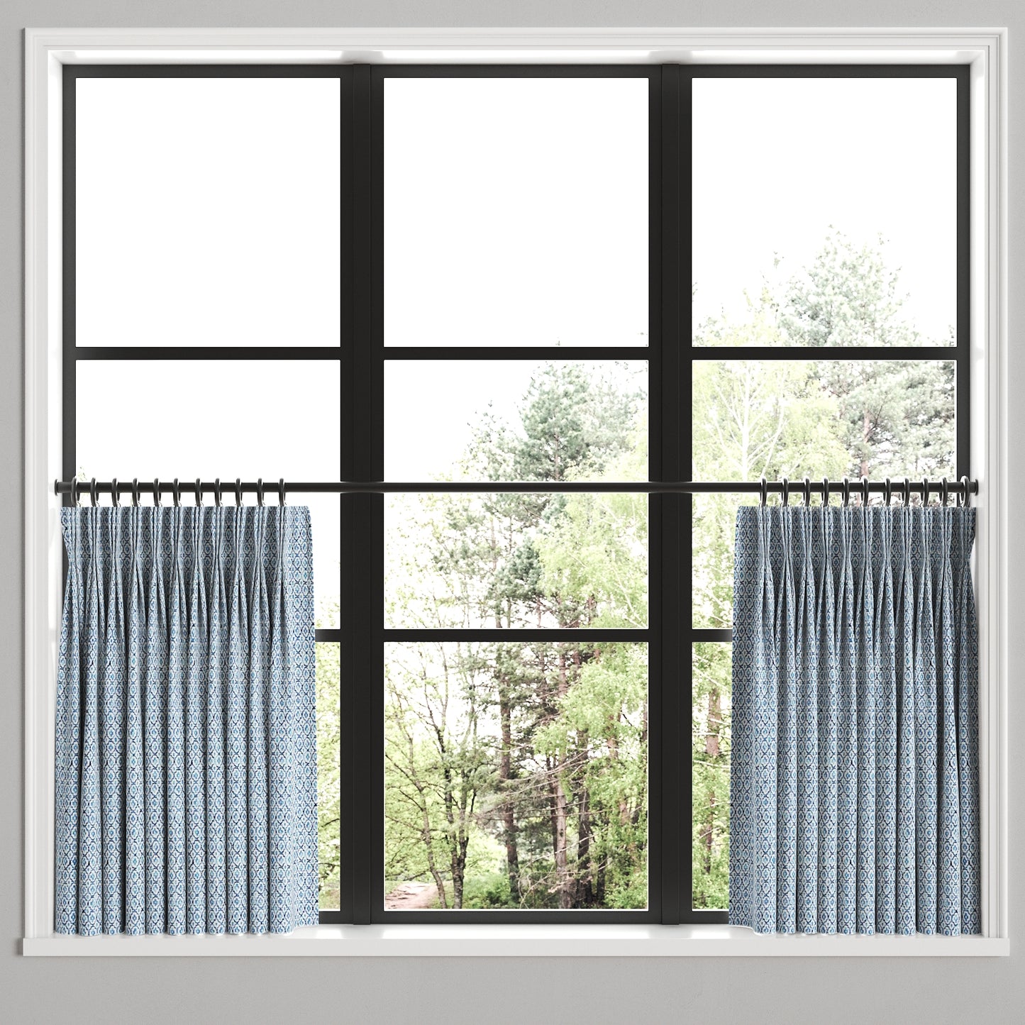 Pinch Pleat Cafe Curtains in Positive Print - Azure