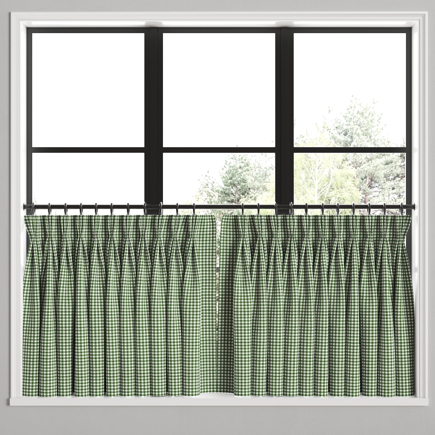 Pinch Pleat Cafe Curtains in Gingham - Fir