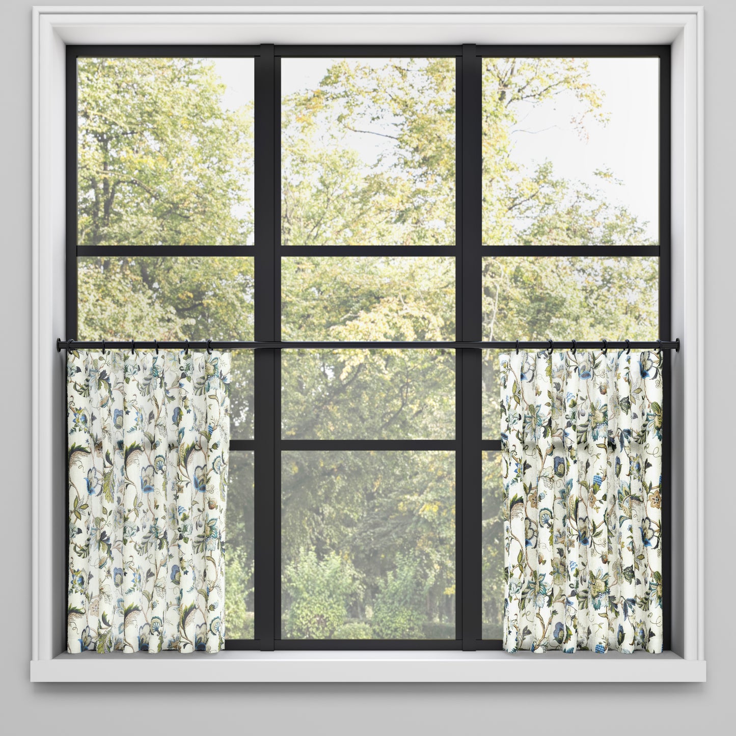 Convertible Pleat Cafe Curtain in Fleur de Leaf - True Blue