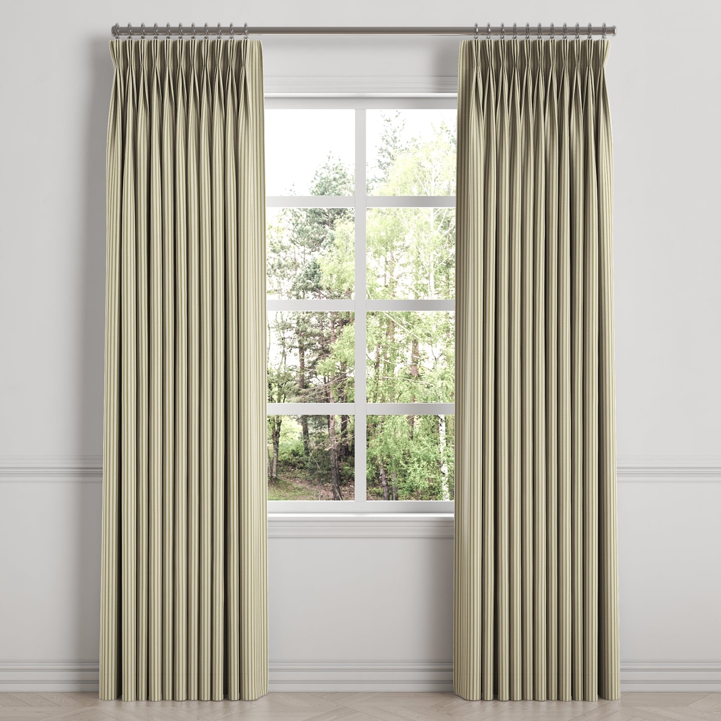 Pinch Pleat Drapery in Little White Line - Sage