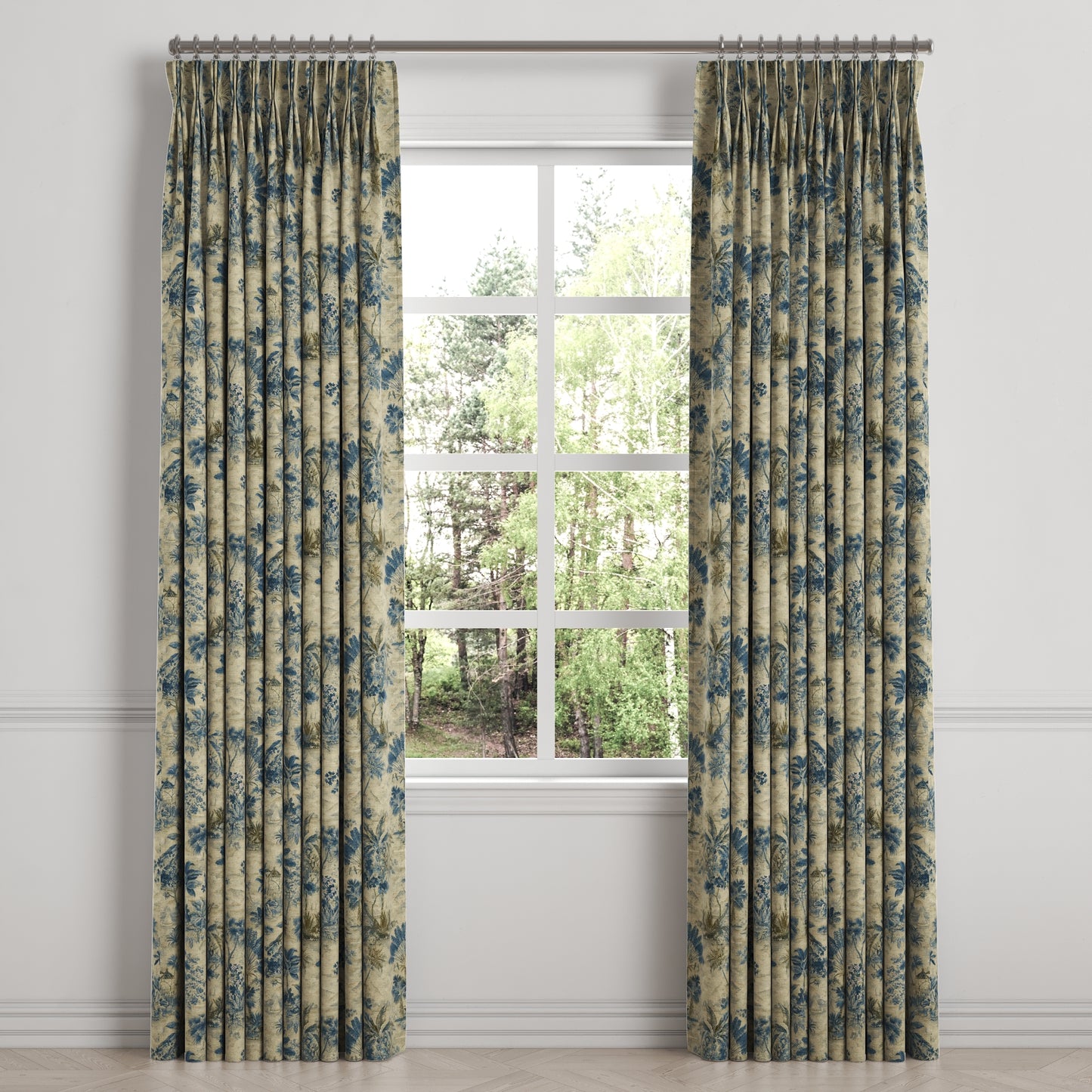 Pinch Pleat Drapery in Tropical Toile - Lagoon