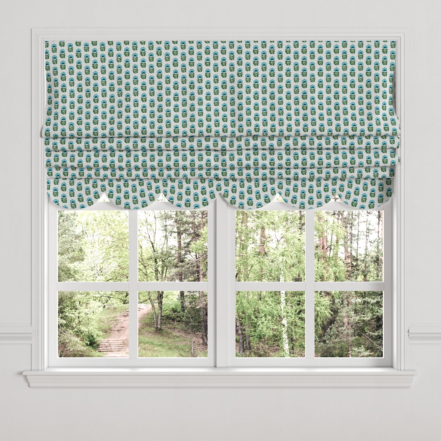 Flat Roman Shade in Mini Florals - Mountain Teal