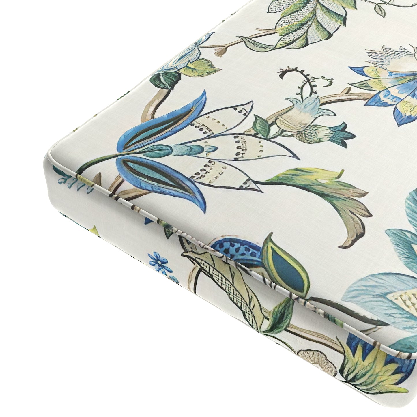 Custom Bench Cushion in Fleur de Leaf - True Blue