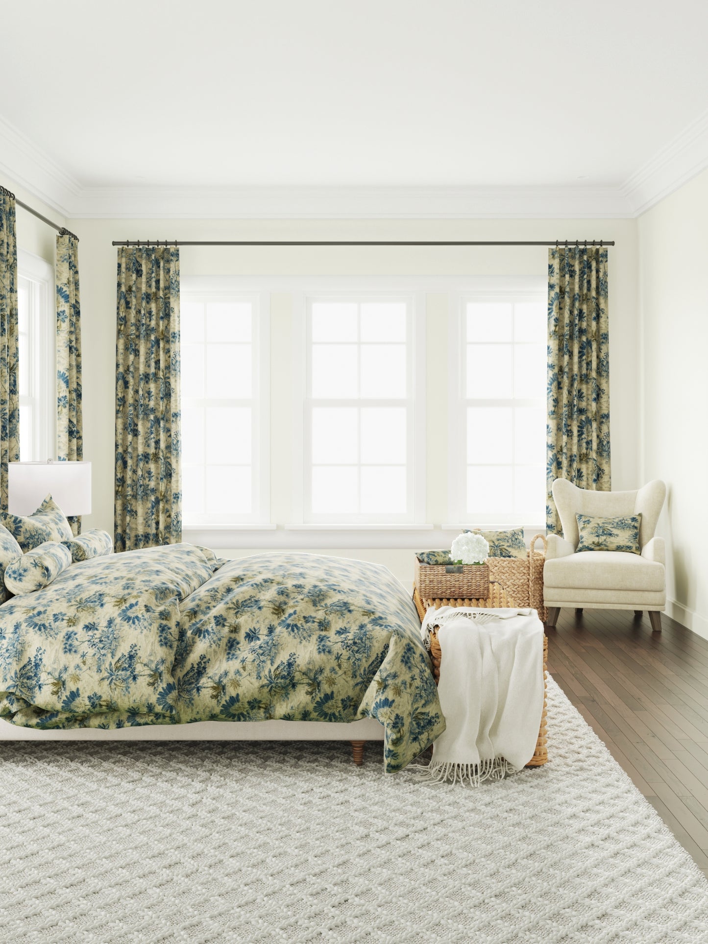 Flat Roman Shade in Tropical Toile - Lagoon