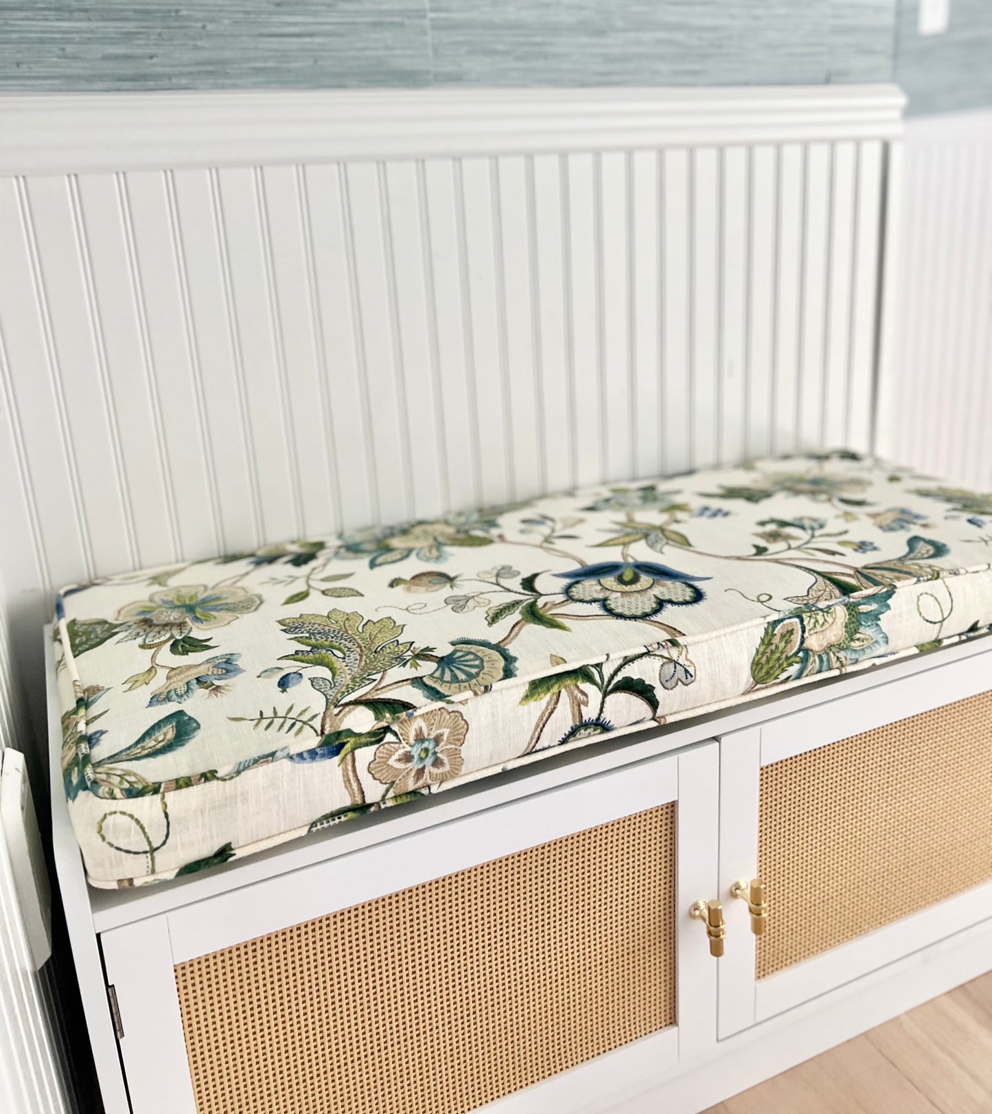 Custom Bench Cushion in Fleur de Leaf - True Blue