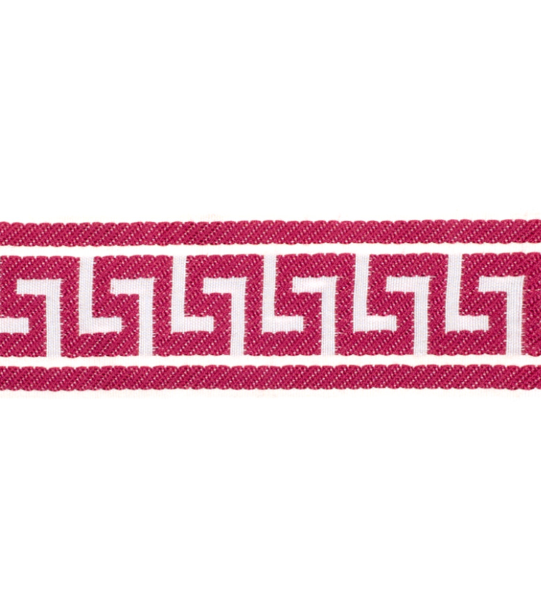 Flat Roman Shade in White Linen with Hot Pink Key Trim