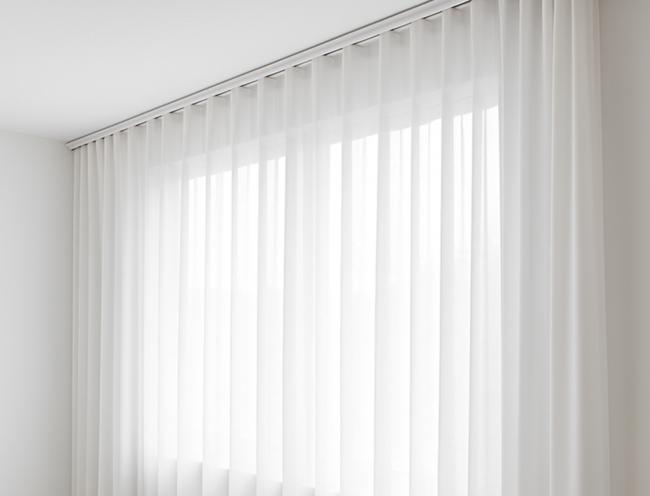 show a ceiling track drapery in white fabric in a white room