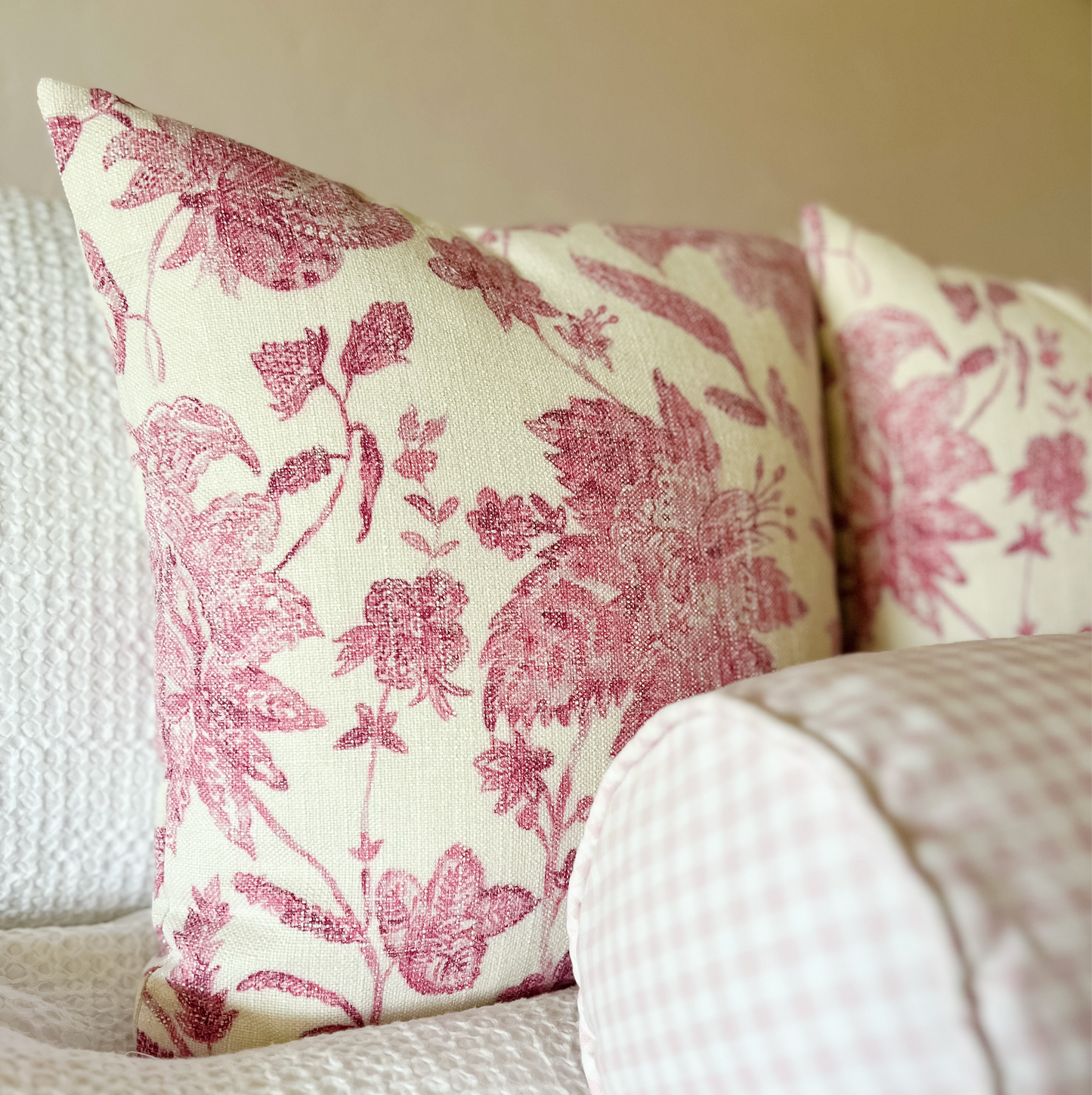 Large Lumbar Pillow in Toile - Strawberry