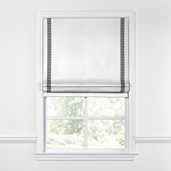Flat Roman Shade in White Linen with Black Key Trim – Loom Decor