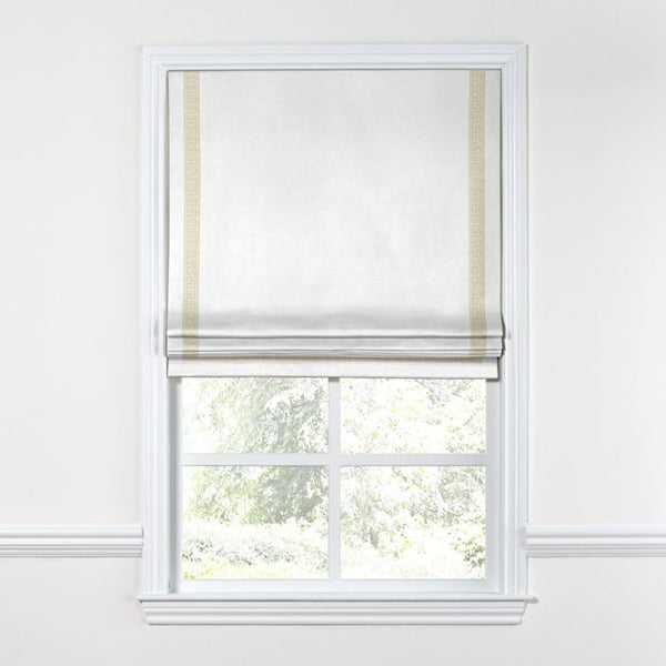 Flat Roman Shade in White Linen with Porcelain Key Trim – Loom Decor