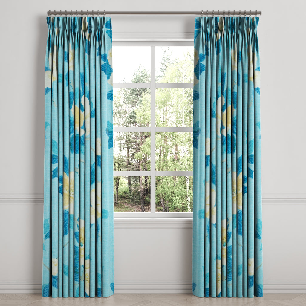 Pinch Pleat Drapery in Grandma's Floral - Pale Blue