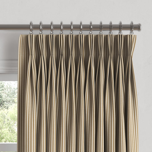 Pinch Pleat Drapery in Little White Line - Cognac