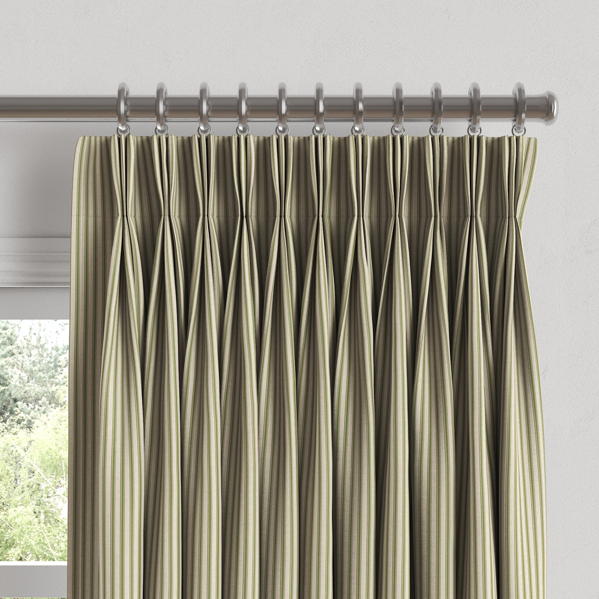Pinch Pleat Drapery in Little White Line - Sage