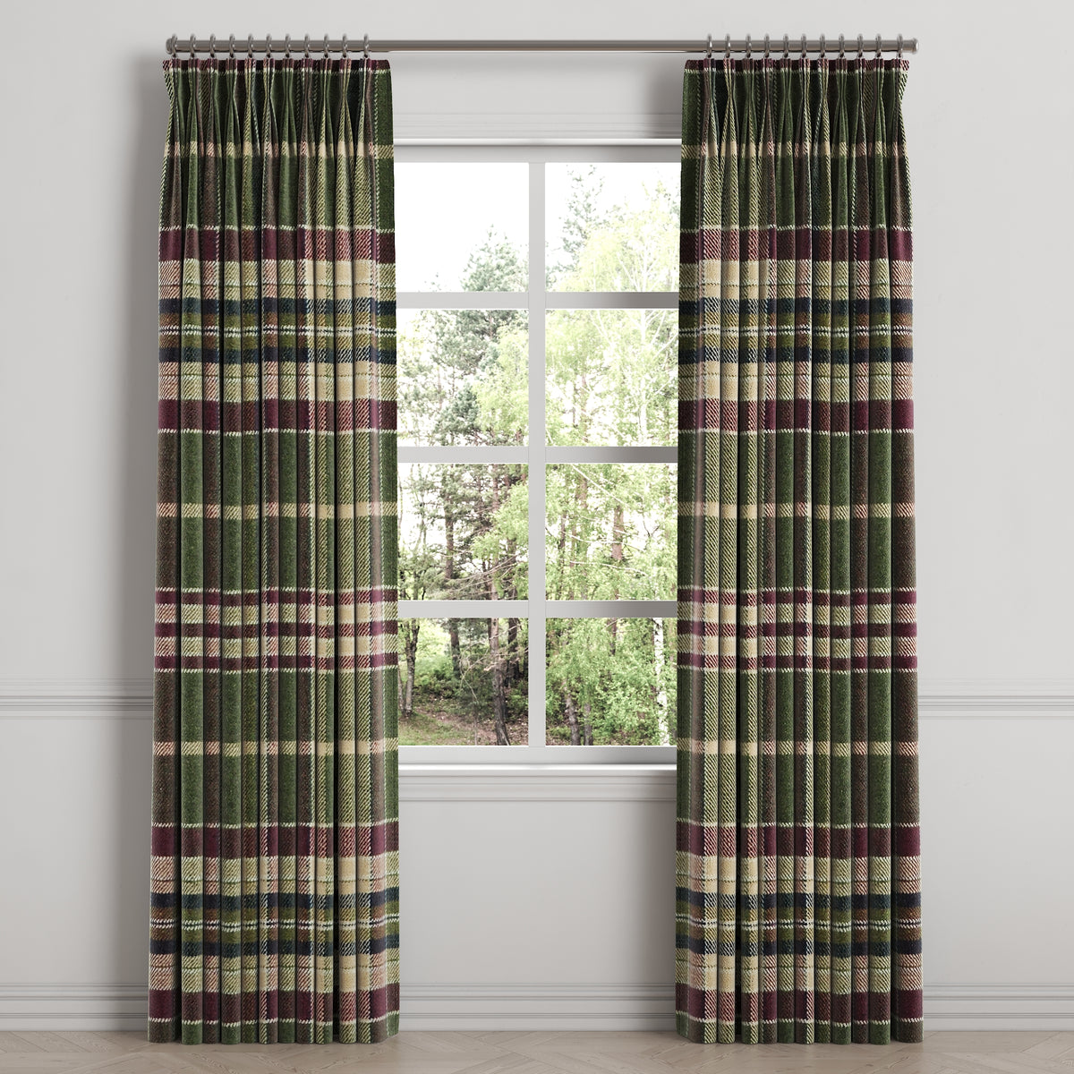 Pinch Pleat Drapery in Tartan - Evergreen