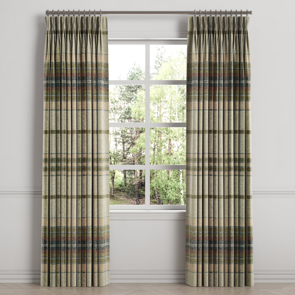 Pinch Pleat Drapery in Tartan - Cappuccino