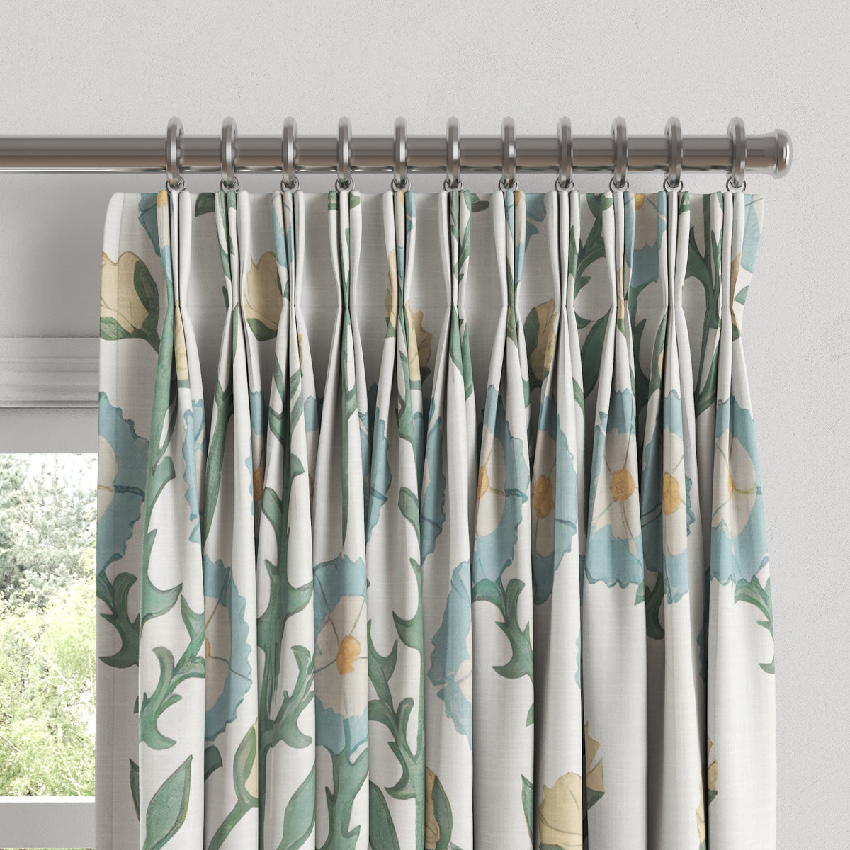 Pinch Pleat Drapery in Cottage Flowers - Cool Blue