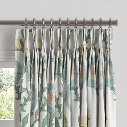 Pinch Pleat Drapery in Cottage Flowers - Cool Blue