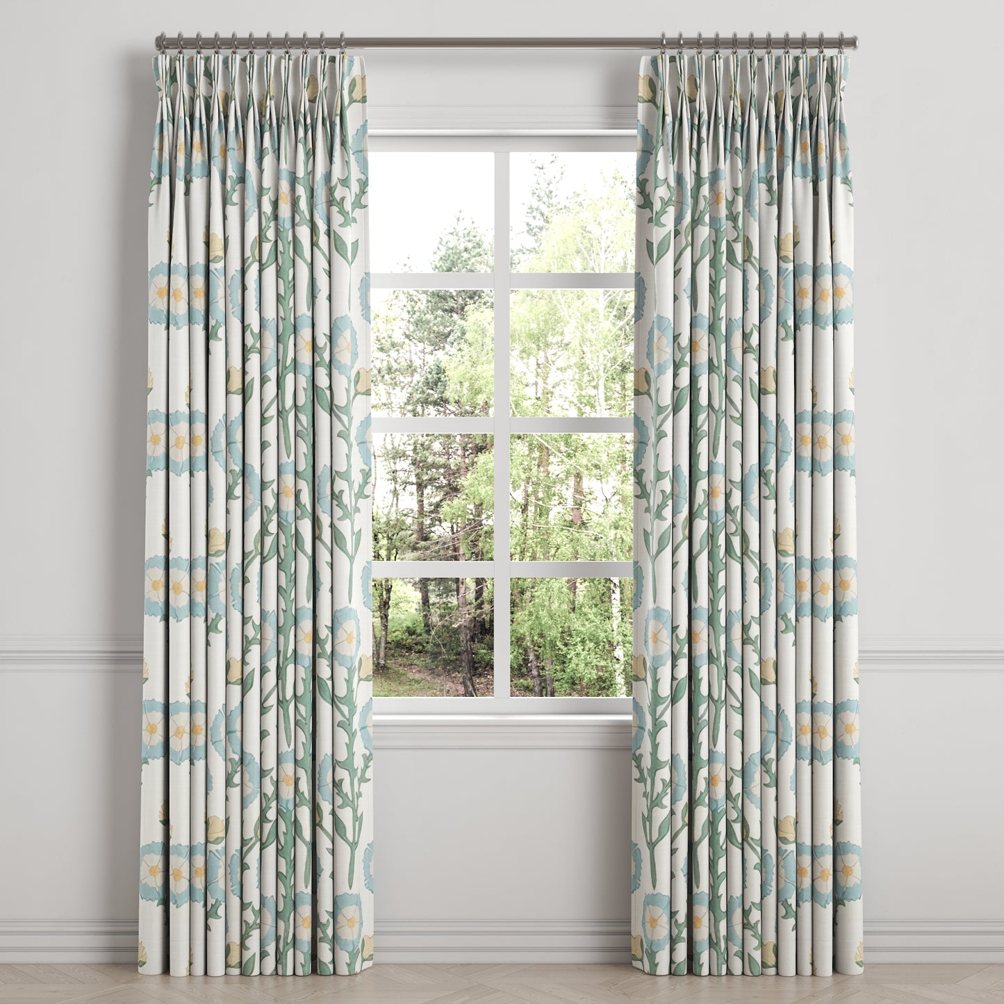 Pinch Pleat Drapery in Cottage Flowers - Cool Blue