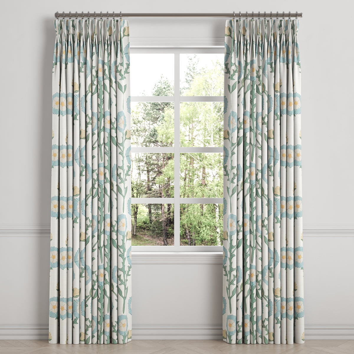 Pinch Pleat Drapery in Cottage Flowers - Cool Blue