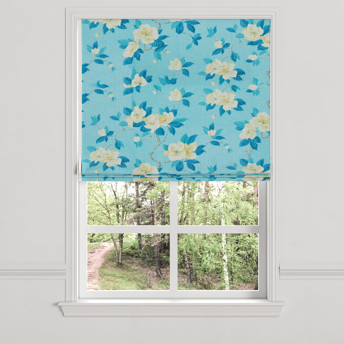 Flat Roman Shade in Grandma's Floral - Pale Blue