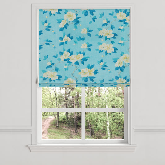Flat Roman Shade in Grandma's Floral - Pale Blue
