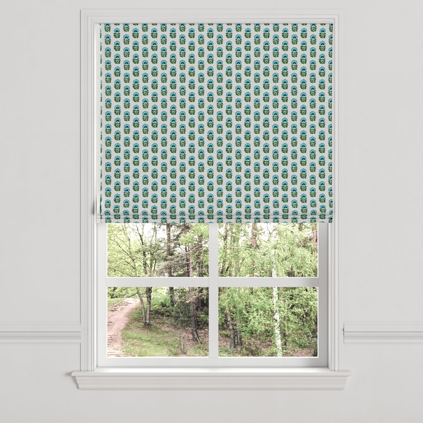 Flat Roman Shade in Mini Florals - Mountain Teal