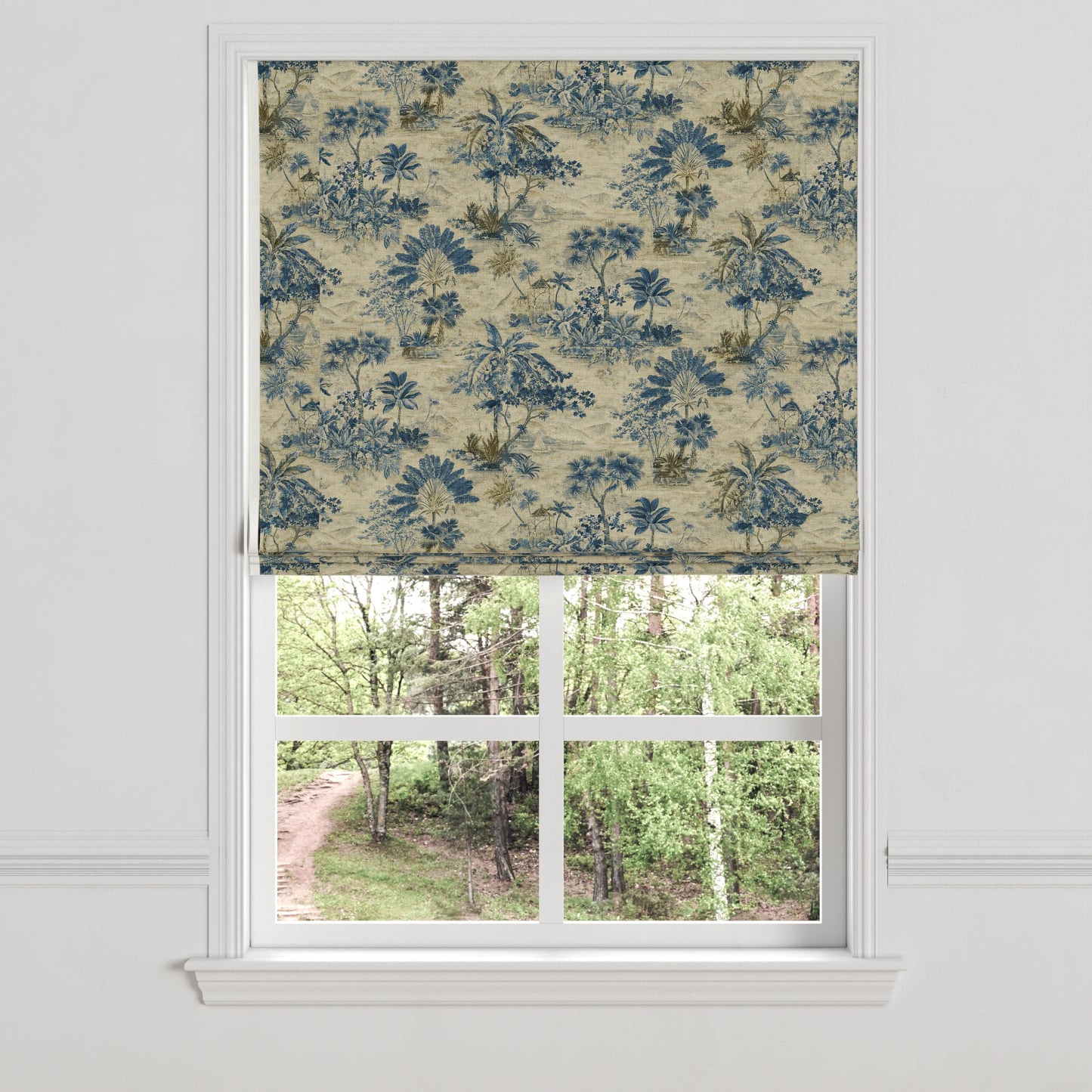 Flat Roman Shade in Tropical Toile - Lagoon
