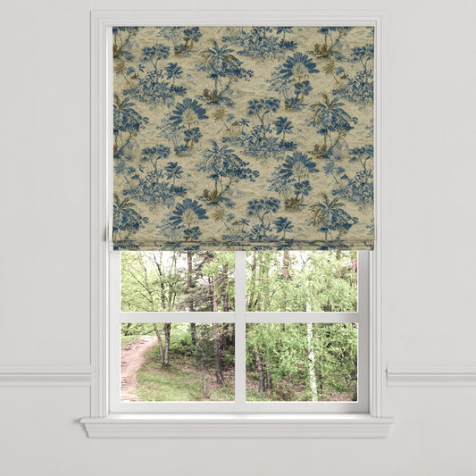 Flat Roman Shade in Tropical Toile - Lagoon
