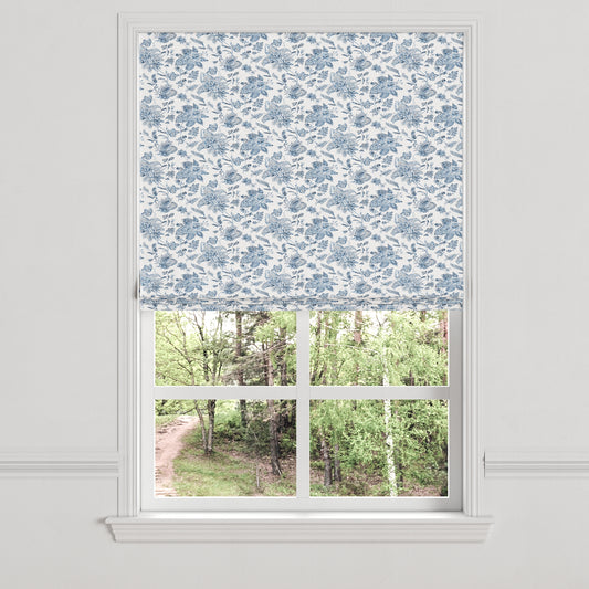 Flat Roman Shade in Toile - Blue Skies