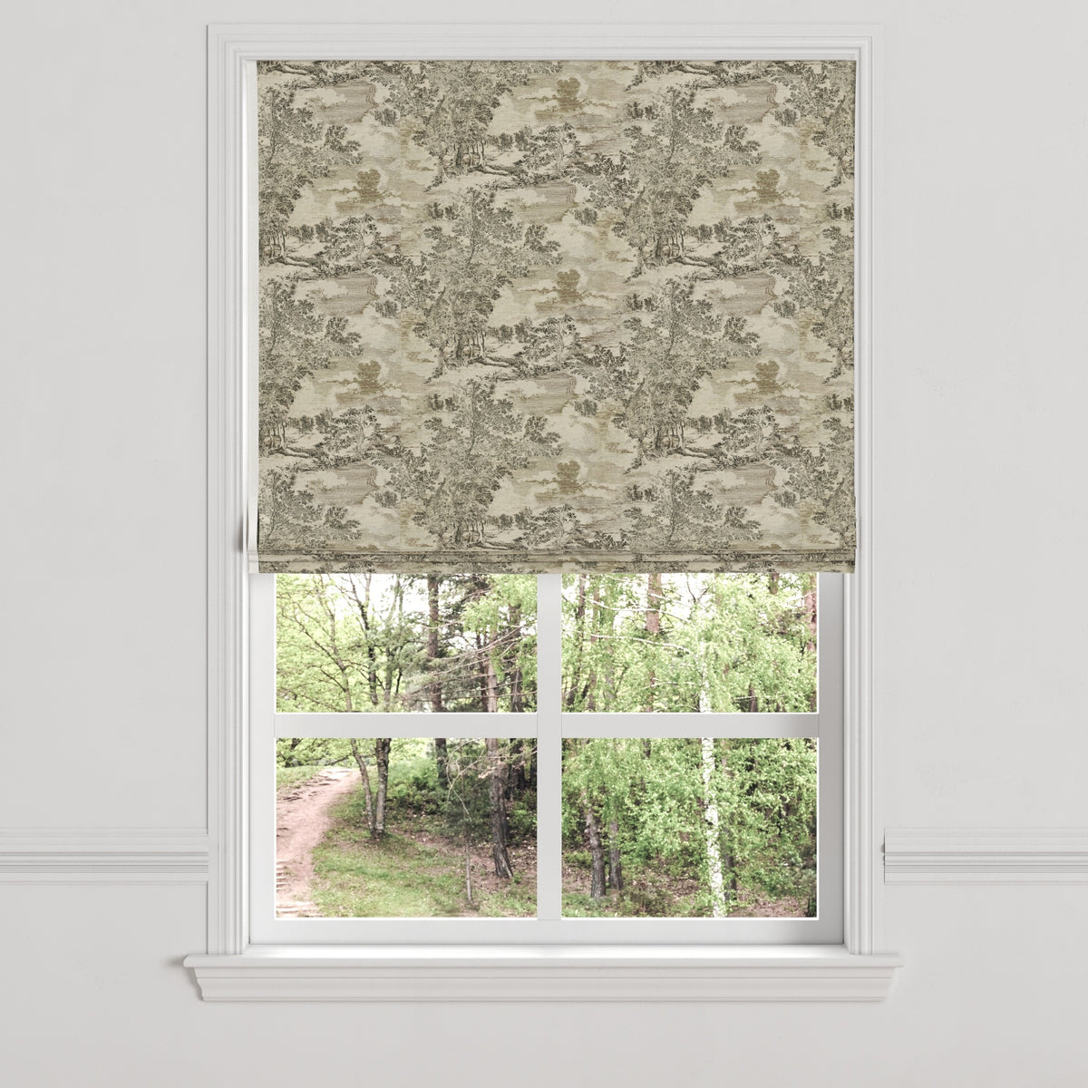 Flat Roman Shade in Country Toile - Onyx