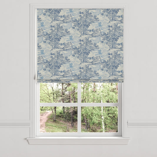 Flat Roman Shade in Country Toile - Sapphire