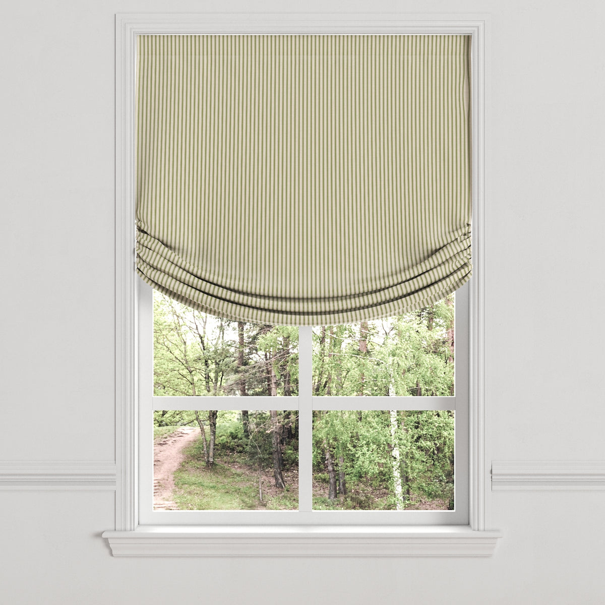 Relaxed Roman Shade in Little White Line - Sage