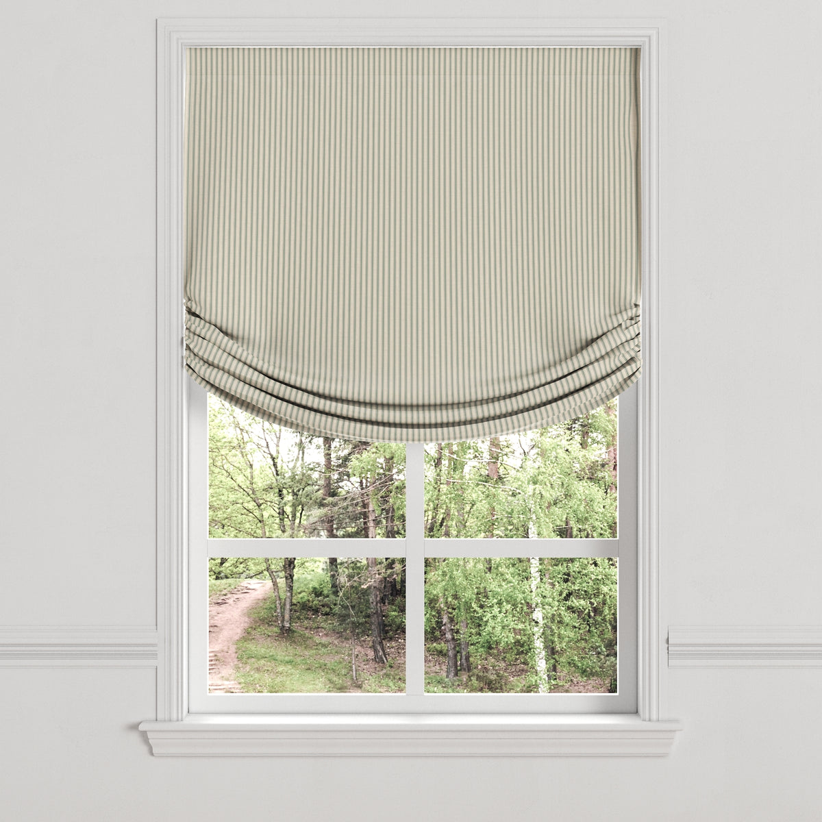 Relaxed Roman Shade in Little White Line - Seaglass