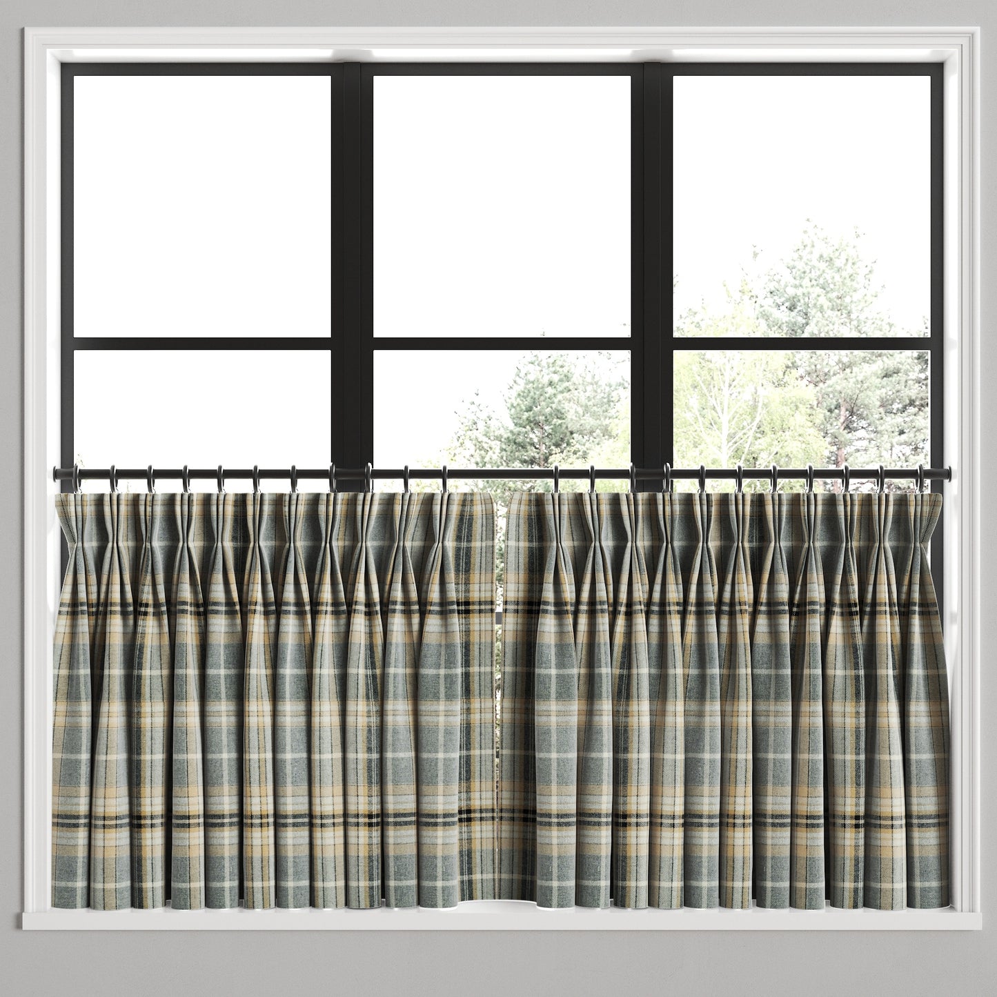 Pinch Pleat Cafe Curtains in Tartan - Thunder