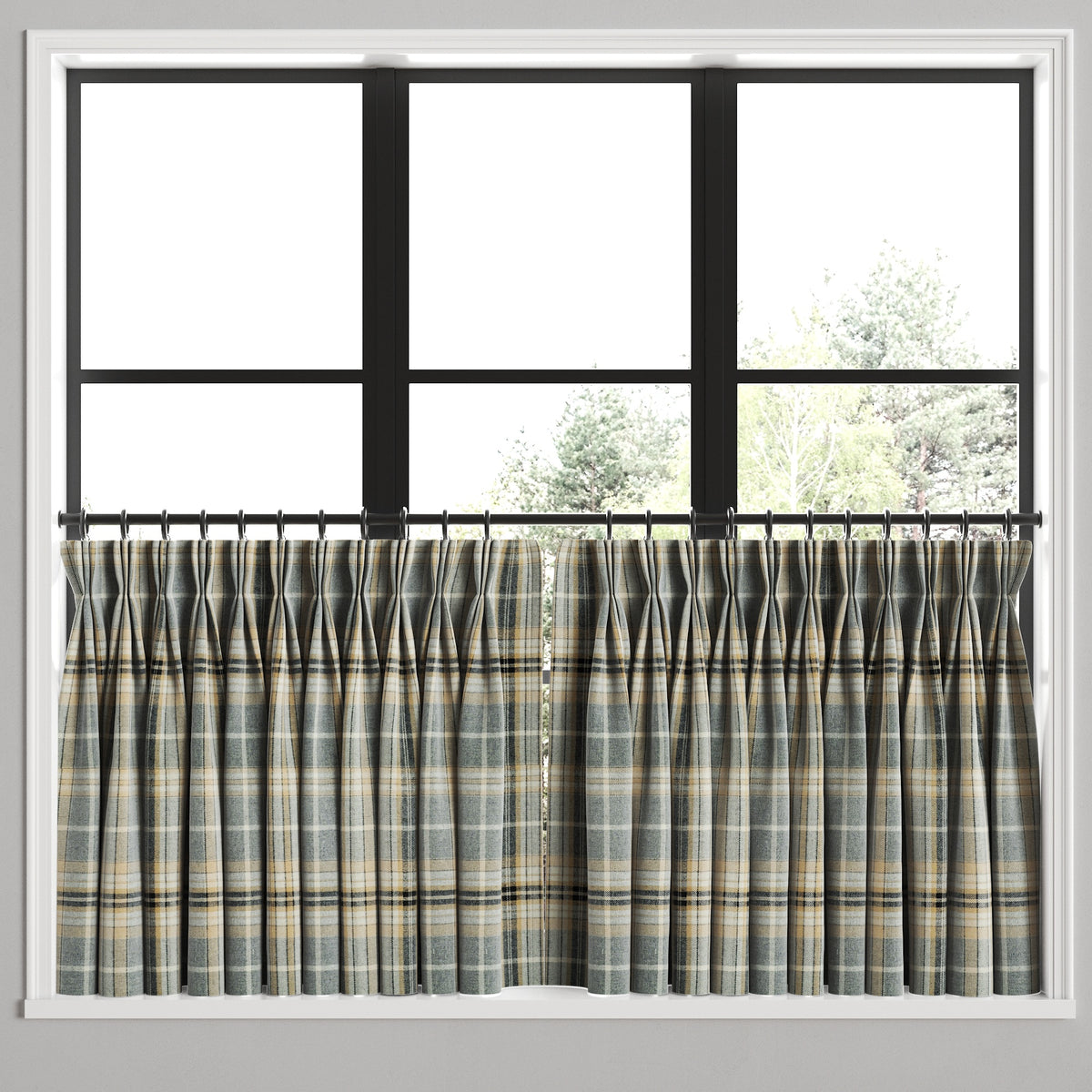 Pinch Pleat Cafe Curtains in Tartan - Thunder