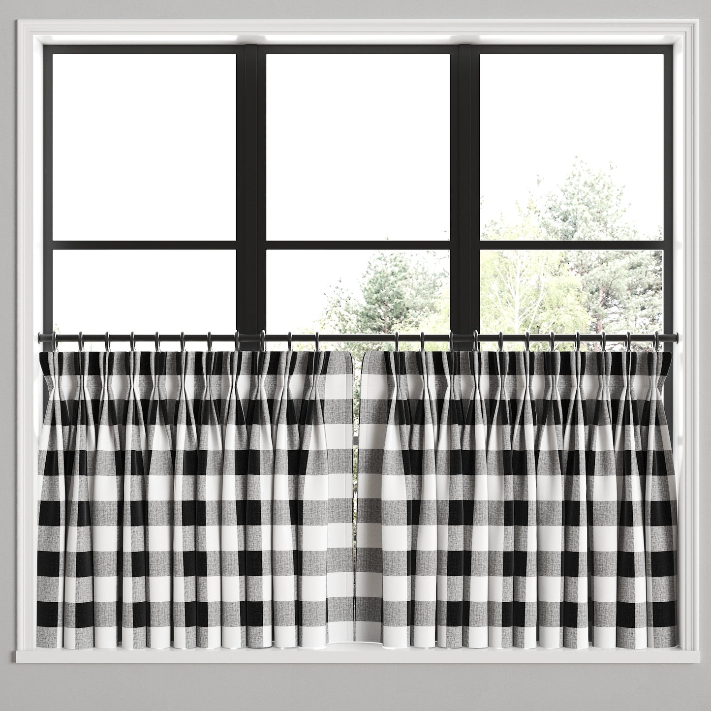 Pinch Pleat Cafe Curtains in Buffalo Check - Black
