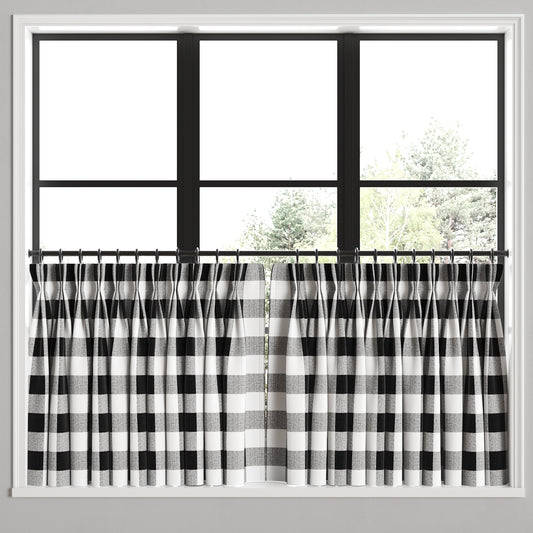 Pinch Pleat Cafe Curtains in Buffalo Check - Black