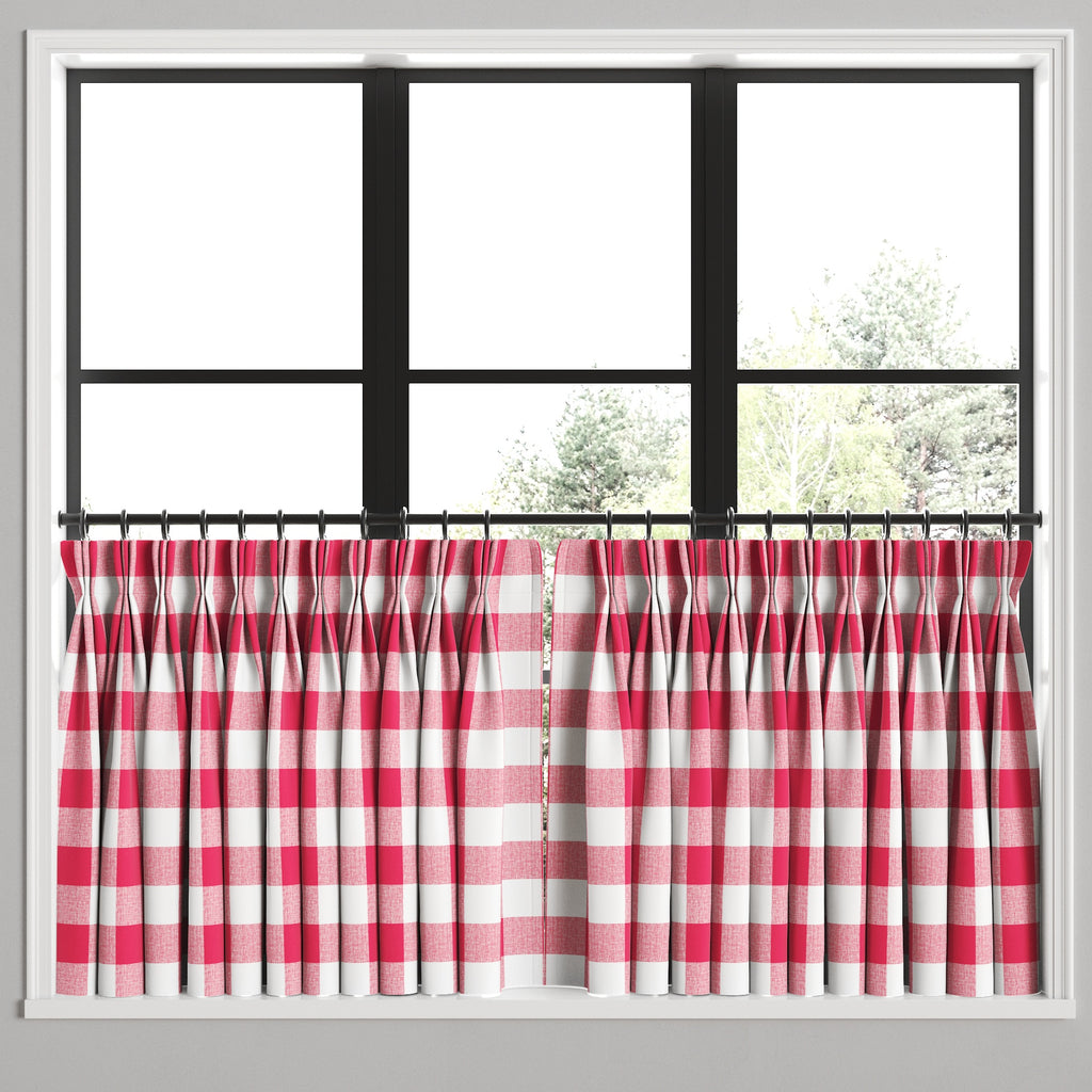 Pinch Pleat Cafe Curtains in Buffalo Check - Flamingo